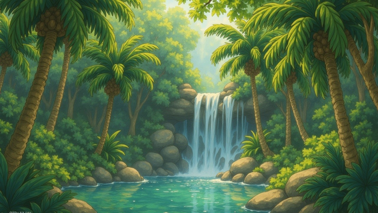 Tranquil Tropical Waterfall Surrounded by Lush Greenery