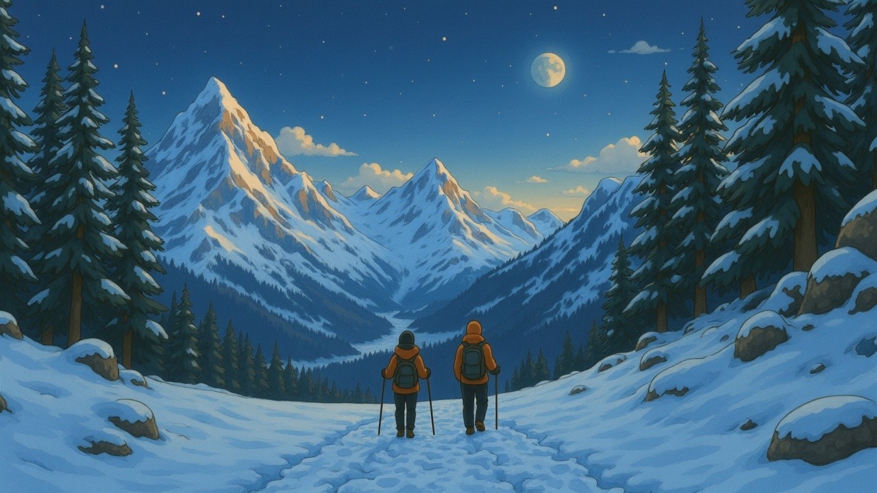 Hikers in Snowy Landscape Under Starry Sky