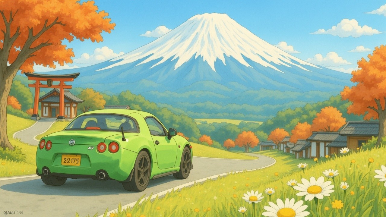 Vibrant Green Sports Car with Mountain and Autumn Foliage