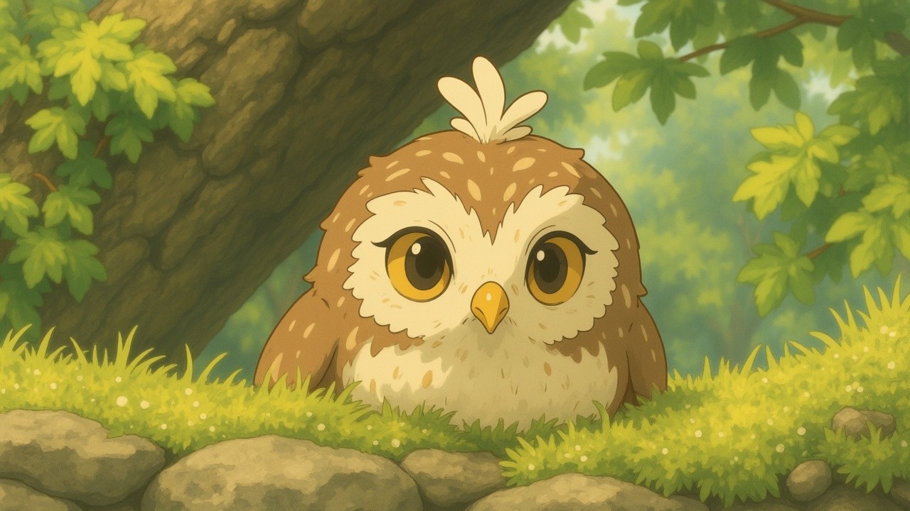 Cartoon Owl on Grassy Patch by Stone Wall