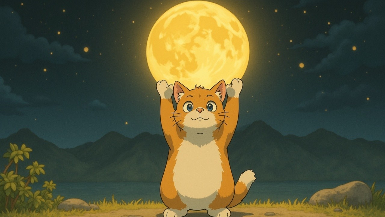 Cartoon Orange Cat Playfully Under Full Moonlight