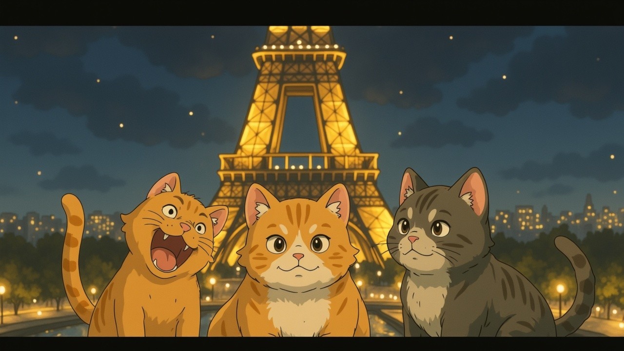 Animated Cats in Front of Illuminated Eiffel Tower