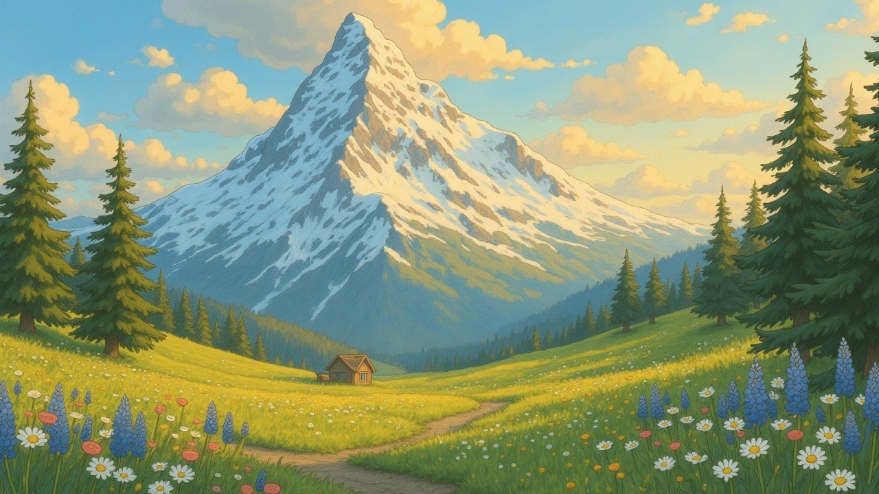 Snow-Capped Mountain Overlooking Lush Green Meadow