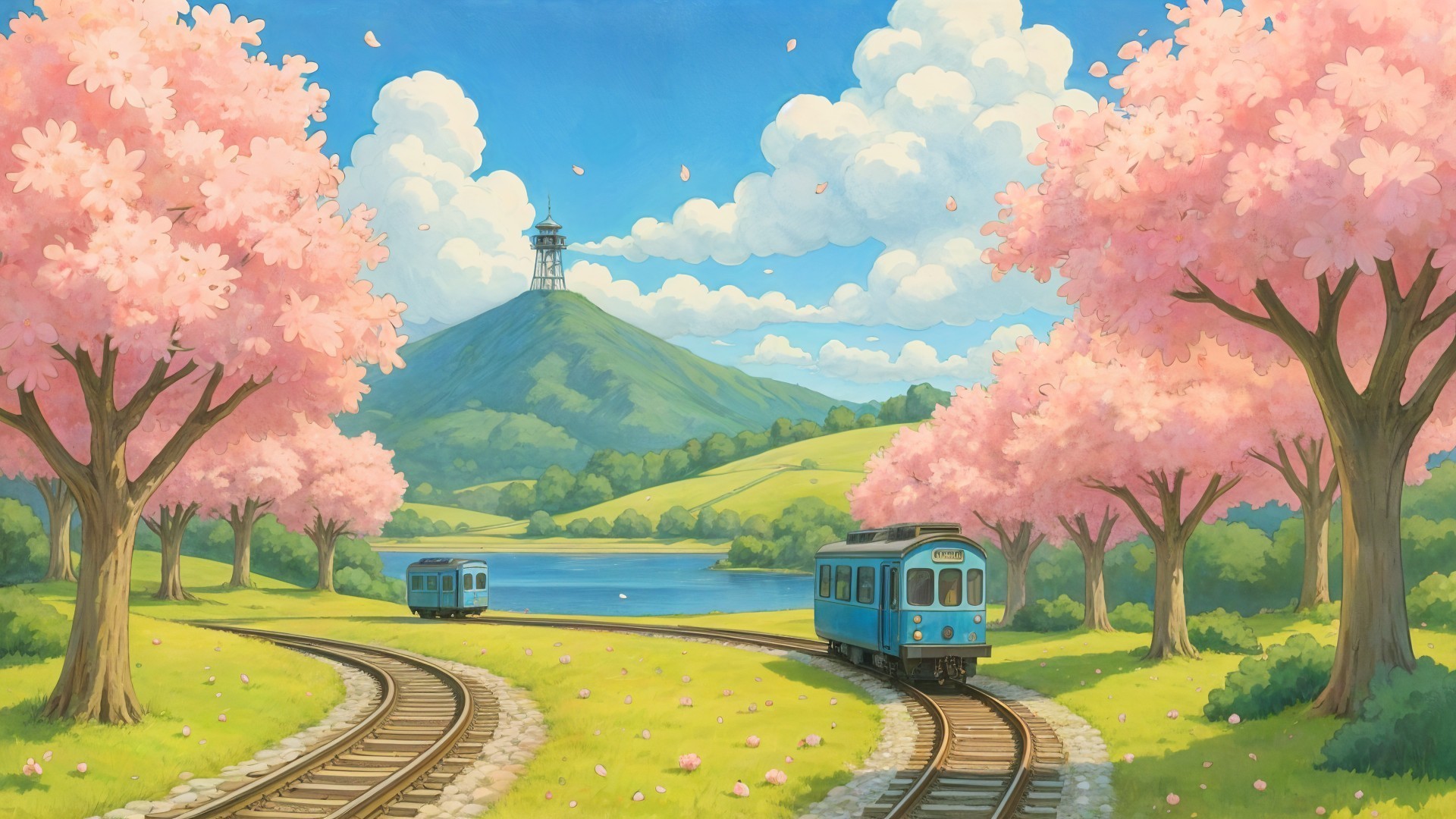 Serene Landscape with Blue Trains and Cherry Blossoms