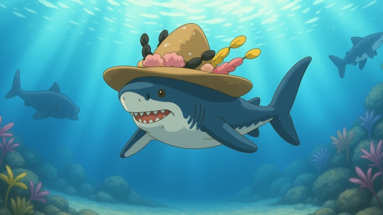 Cartoon Shark in Colorful Hat Among Coral Reefs