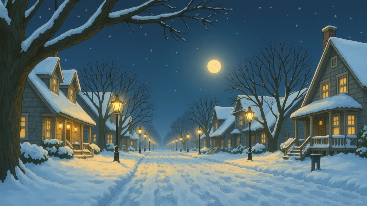 Winter Night Scene in a Snowy Neighborhood