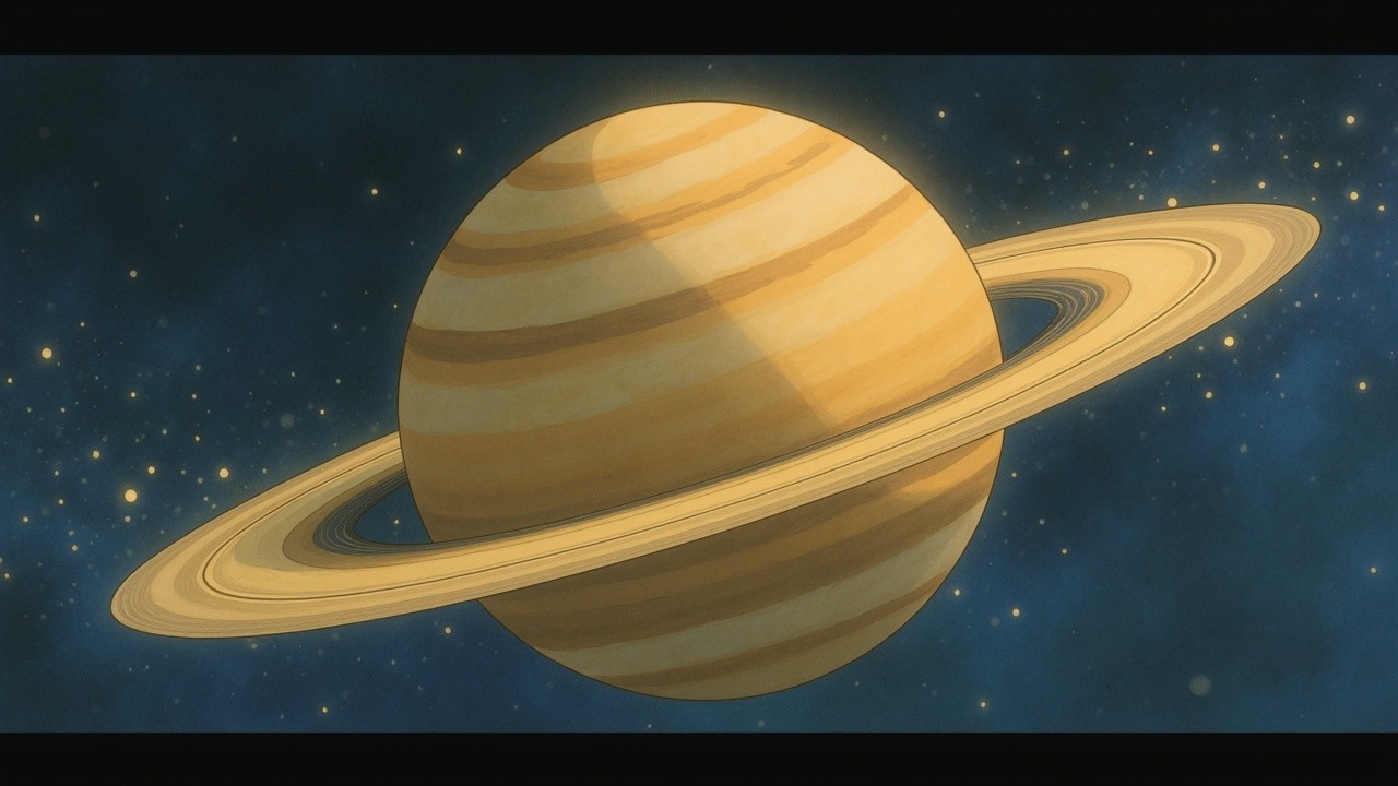 Depiction of Saturn with Rings and Starry Background