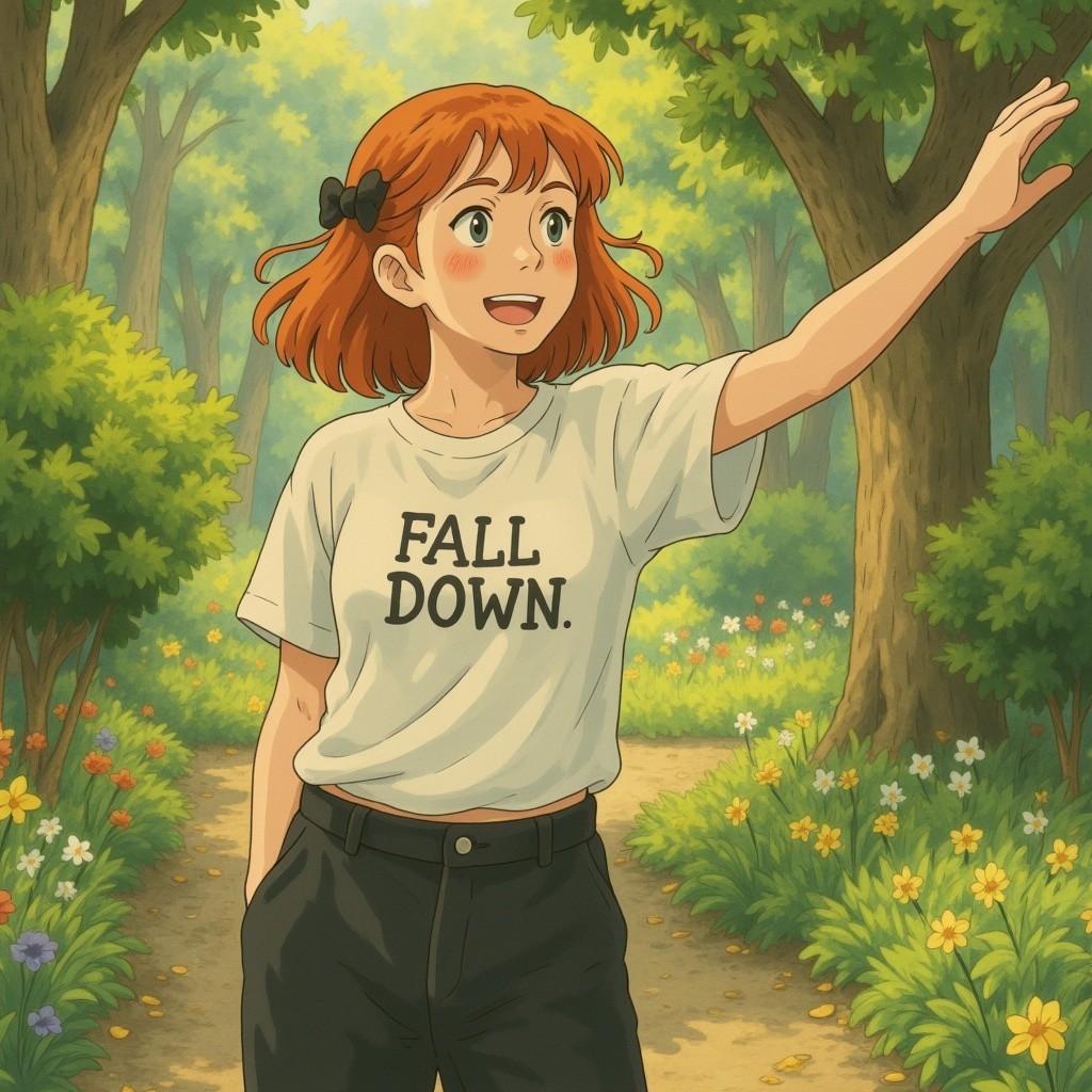 Cheerful Girl with Red Hair in Lush Green Forest