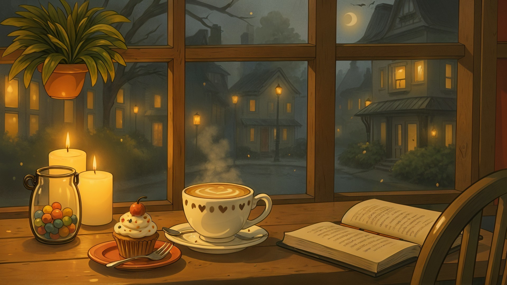 Cozy Evening Scene with Coffee and Cupcake by Window