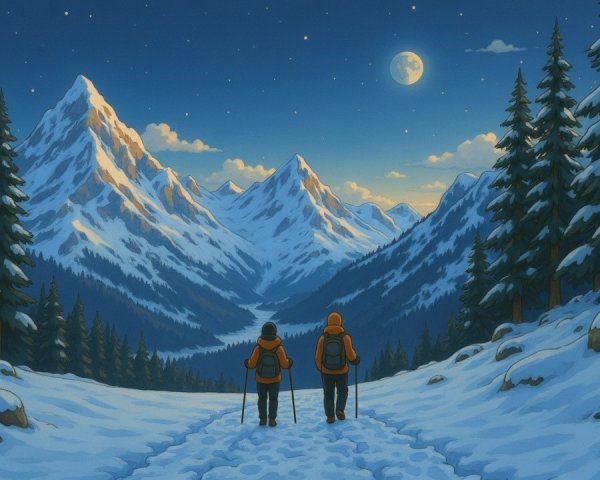 Hikers in Snowy Landscape Under Starry Sky