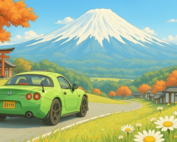 Vibrant Green Sports Car with Mountain and Autumn Foliage