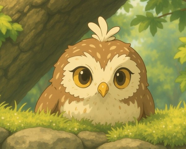 Cartoon Owl on Grassy Patch by Stone Wall
