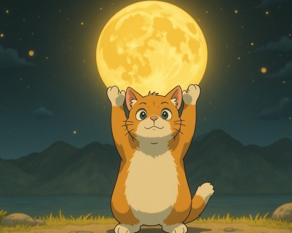 Cartoon Orange Cat Playfully Under Full Moonlight