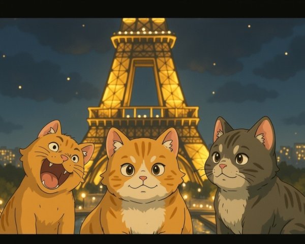 Animated Cats in Front of Illuminated Eiffel Tower