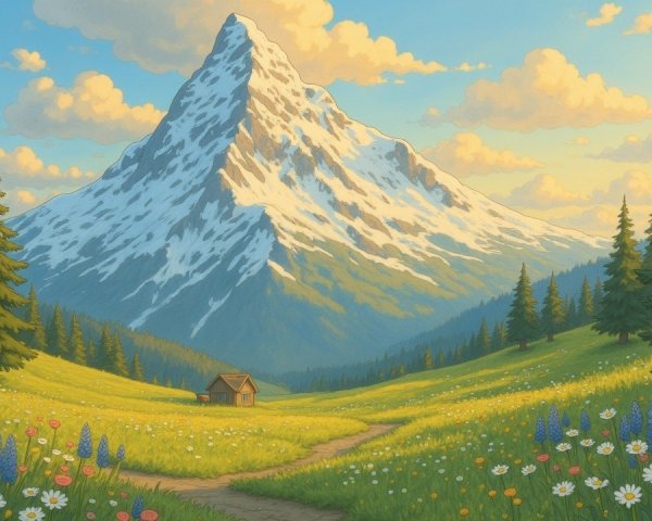 Snow-Capped Mountain Overlooking Lush Green Meadow