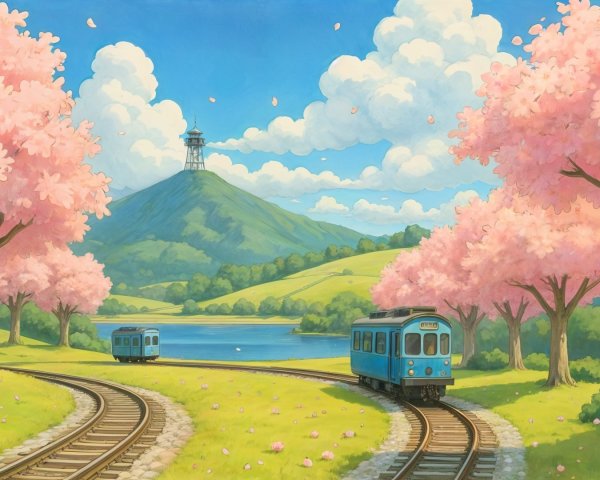 Serene Landscape with Blue Trains and Cherry Blossoms
