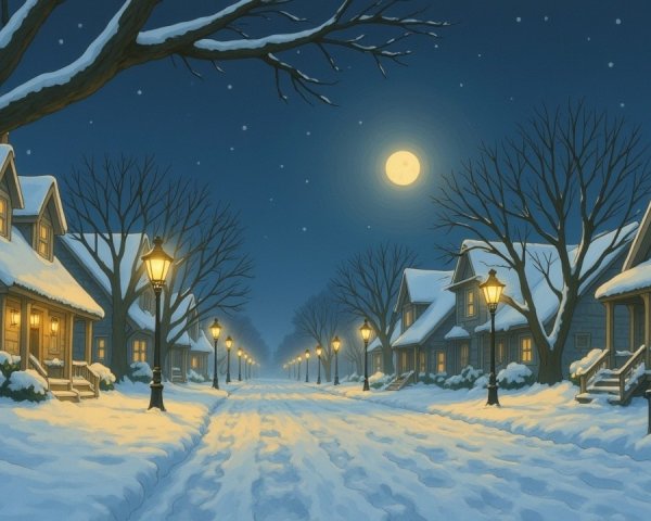 Winter Night Scene in a Snowy Neighborhood