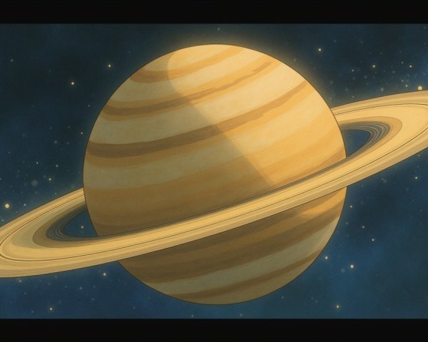 Depiction of Saturn with Rings and Starry Background