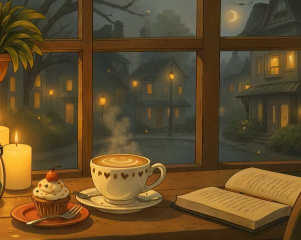 Cozy Evening Scene with Coffee and Cupcake by Window
