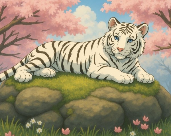 White tiger resting on mossy rock in serene landscape