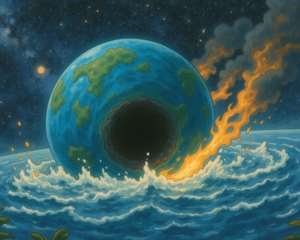 Surreal Planet in Turbulent Ocean with Vortex and Flames
