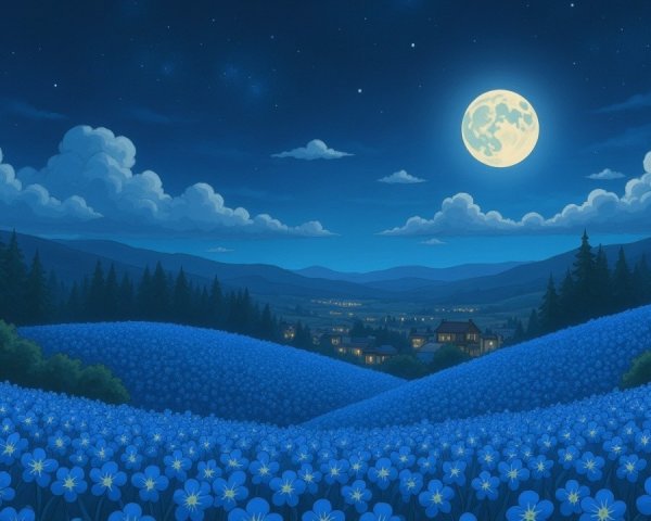 Serene Nighttime Landscape with Blue Flowers and Moon