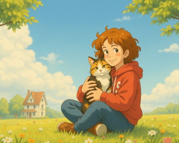 Cheerful Child with Cat in Vibrant Landscape