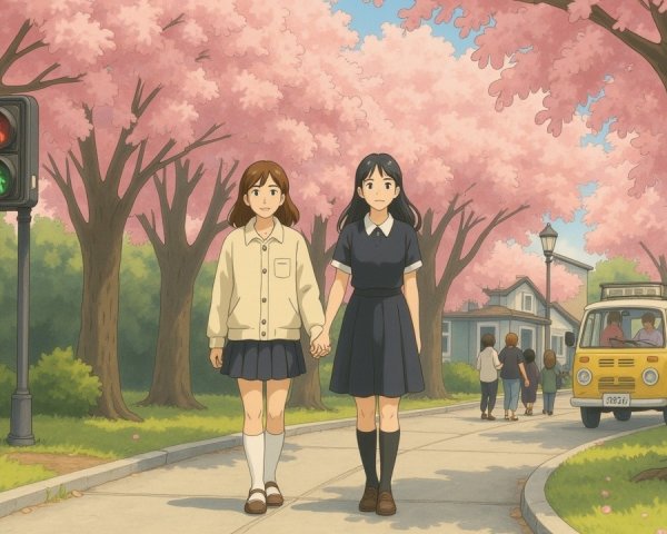 Young girls walking on a cherry blossom path