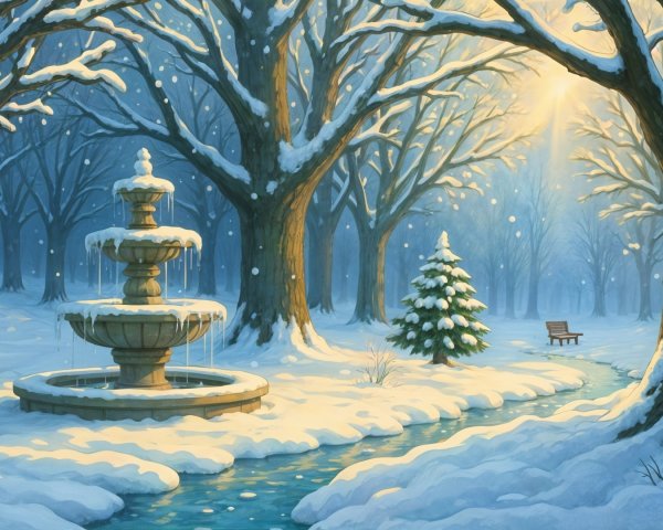 Winter Fountain in Snowy Park with Bare Trees