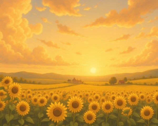 Vibrant Sunset Over Blooming Sunflower Field