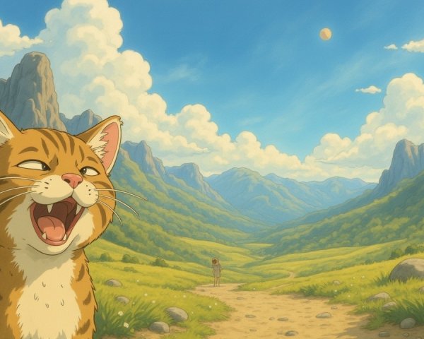 Oversized Orange Tabby Cat in Whimsical Landscape