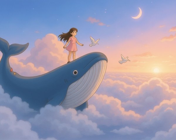 Young girl on blue whale in pastel sunset sky