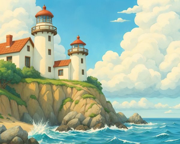 Lighthouse on Cliff Surrounded by Ocean and Greenery