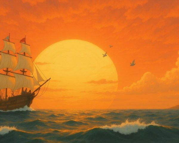Majestic Ship Sailing at Sunset Over Ocean Waves