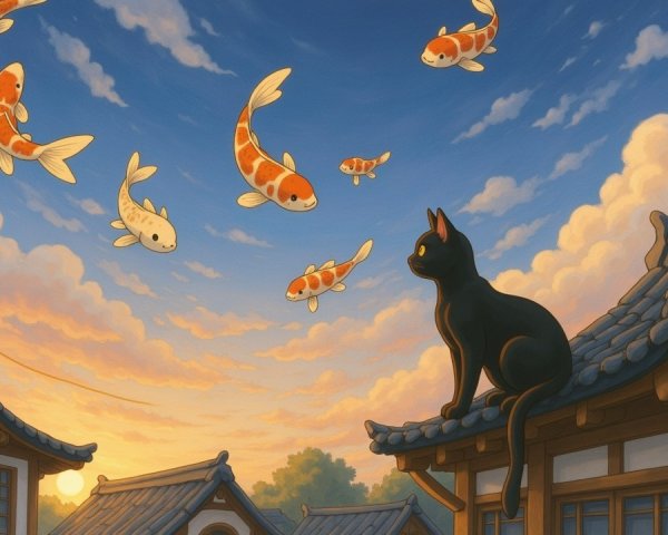 Sunset Scene with Black Cat and Koi Fish in Sky