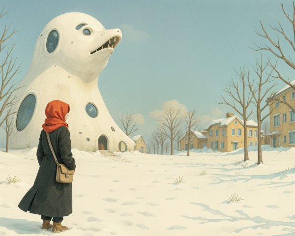 Snowy Landscape with Whimsical Creature Building