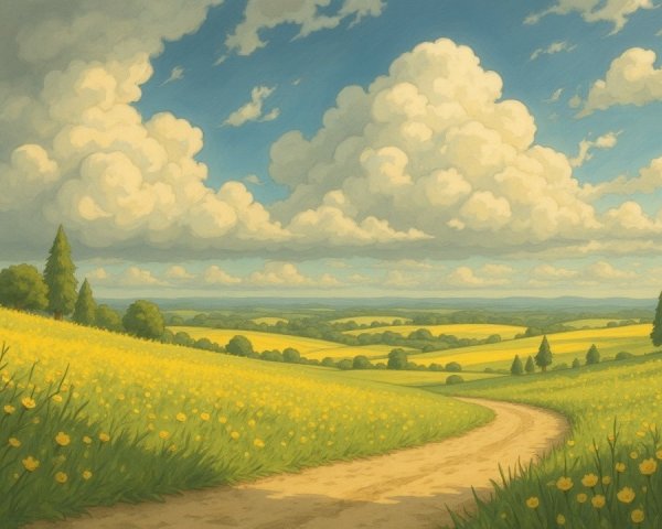 Serene Countryside with Yellow Wildflowers and Hills