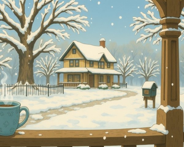 Cozy winter scene with snow-covered house and trees