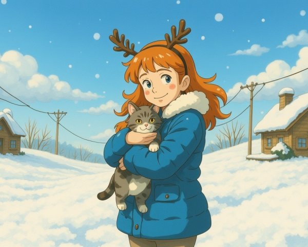 Cheerful girl with orange hair in snowy landscape