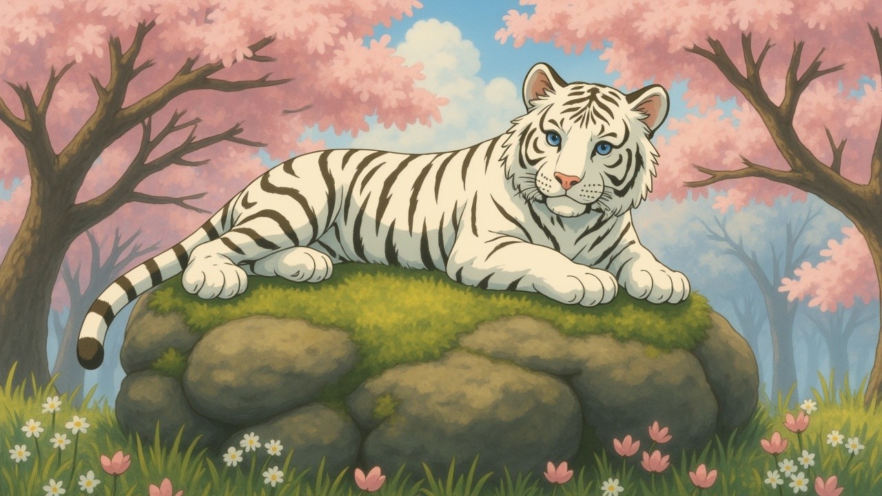 White tiger resting on mossy rock in serene landscape