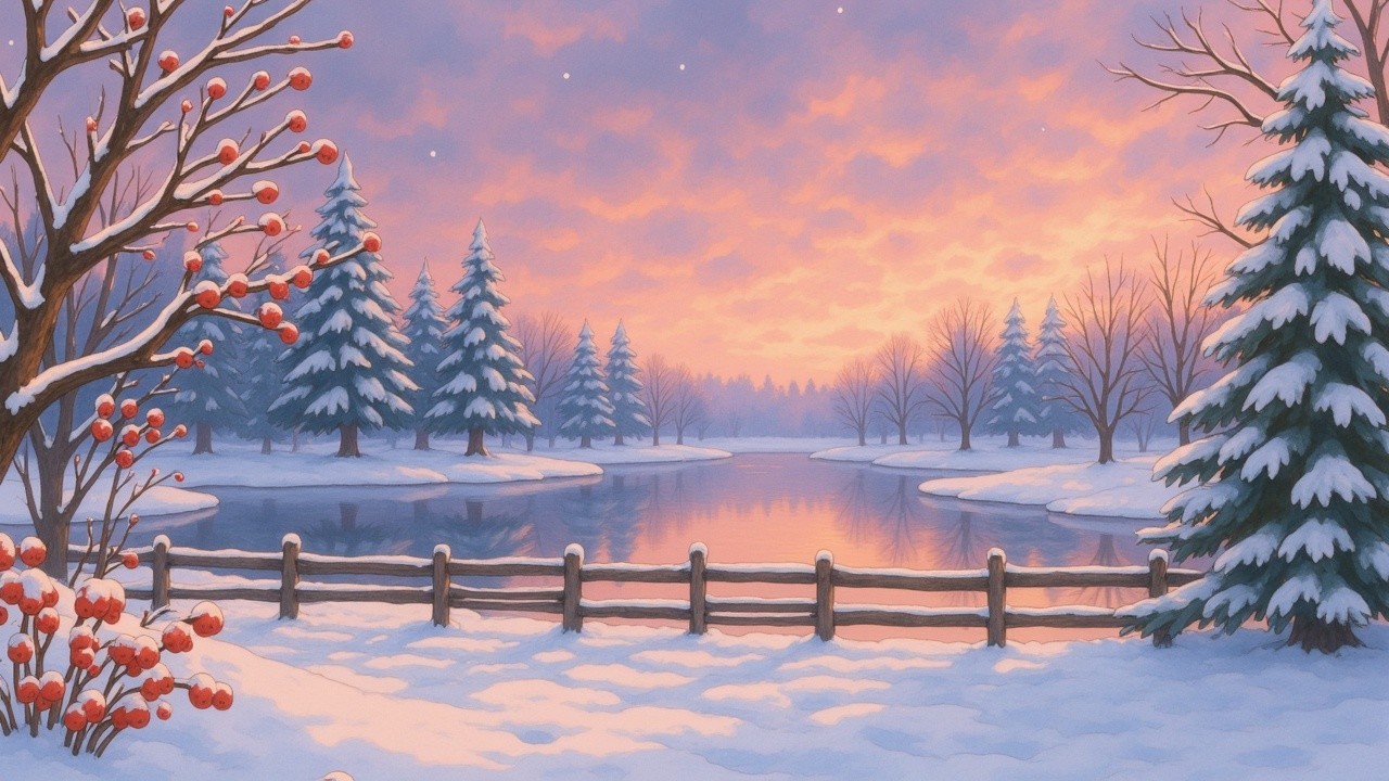 Serene Winter Landscape with Tranquil Pond and Pines