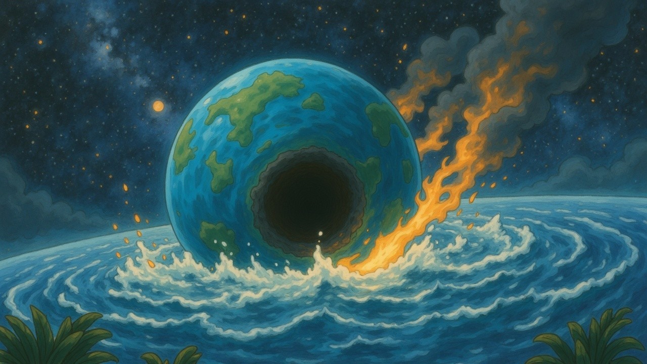 Surreal Planet in Turbulent Ocean with Vortex and Flames