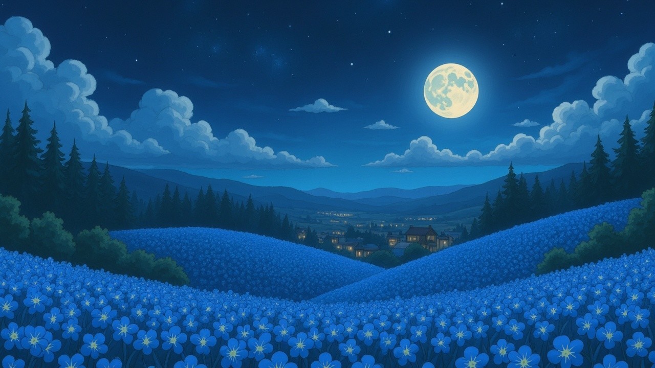 Serene Nighttime Landscape with Blue Flowers and Moon