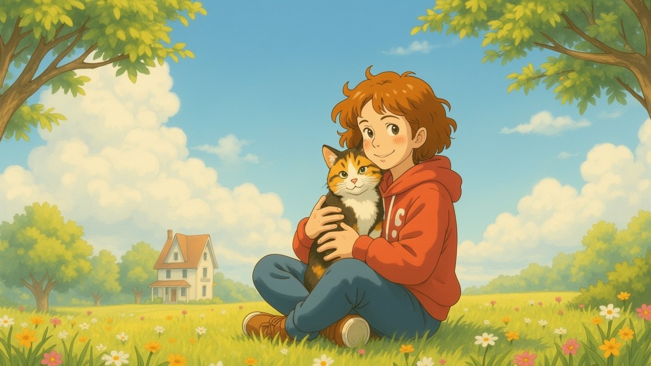 Cheerful Child with Cat in Vibrant Landscape