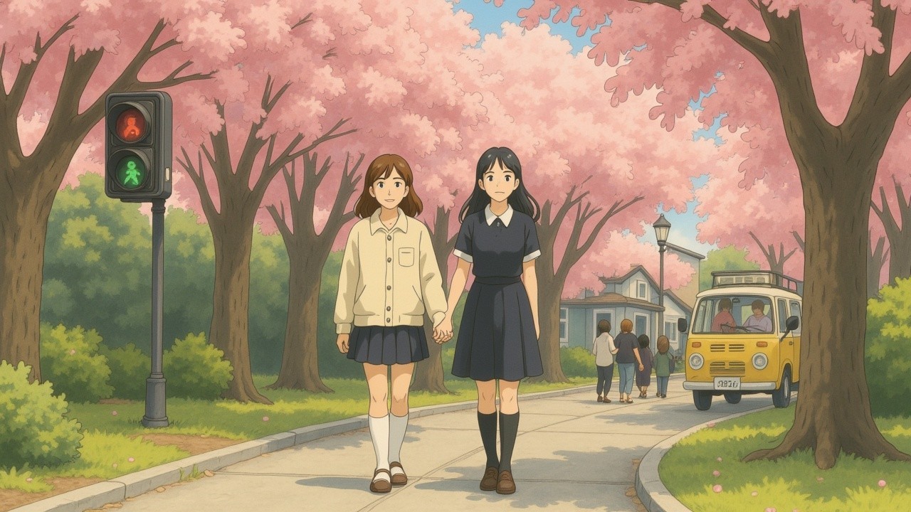 Young girls walking on a cherry blossom path
