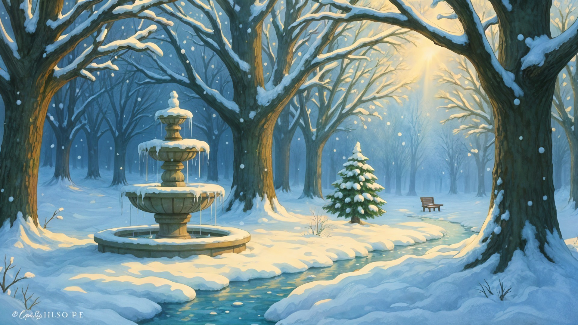 Winter Fountain in Snowy Park with Bare Trees