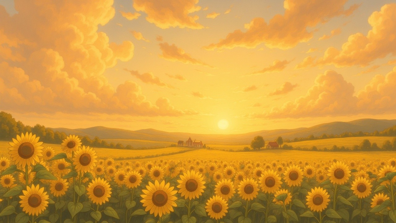 Vibrant Sunset Over Blooming Sunflower Field