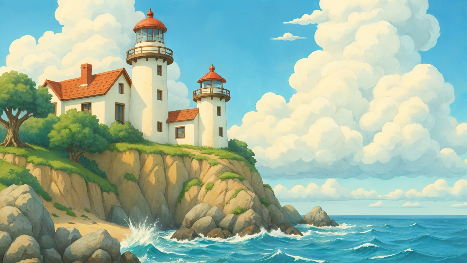 Lighthouse on Cliff Surrounded by Ocean and Greenery