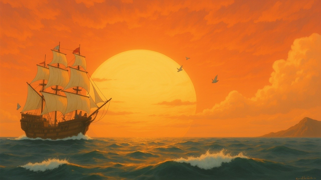 Majestic Ship Sailing at Sunset Over Ocean Waves
