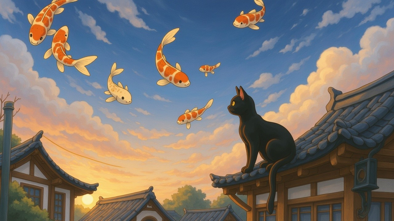 Sunset Scene with Black Cat and Koi Fish in Sky